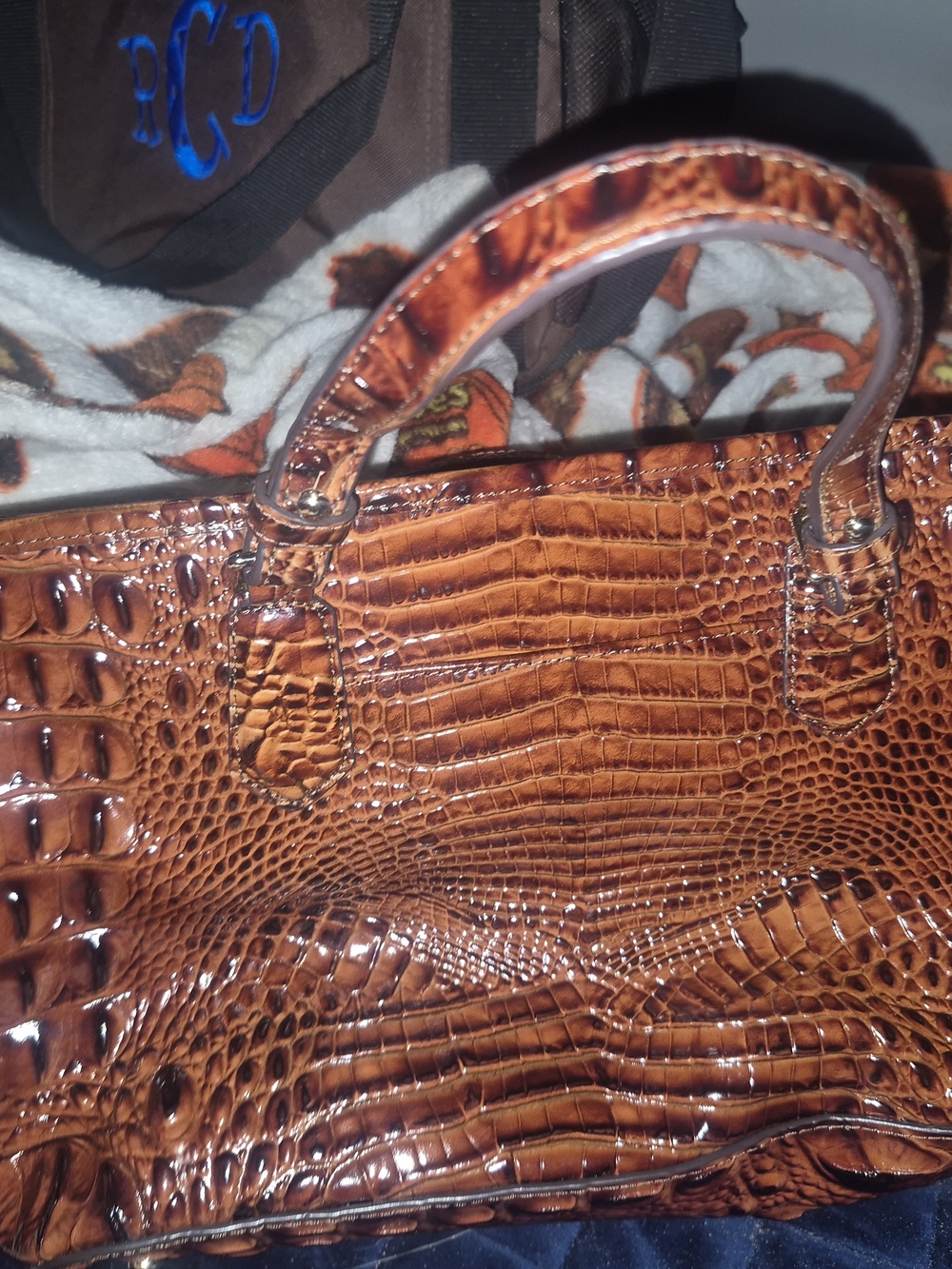 Brahmin Glossy Cognac Croc-Embossed Satchel with Gold Hardware - Picture 4 of 4